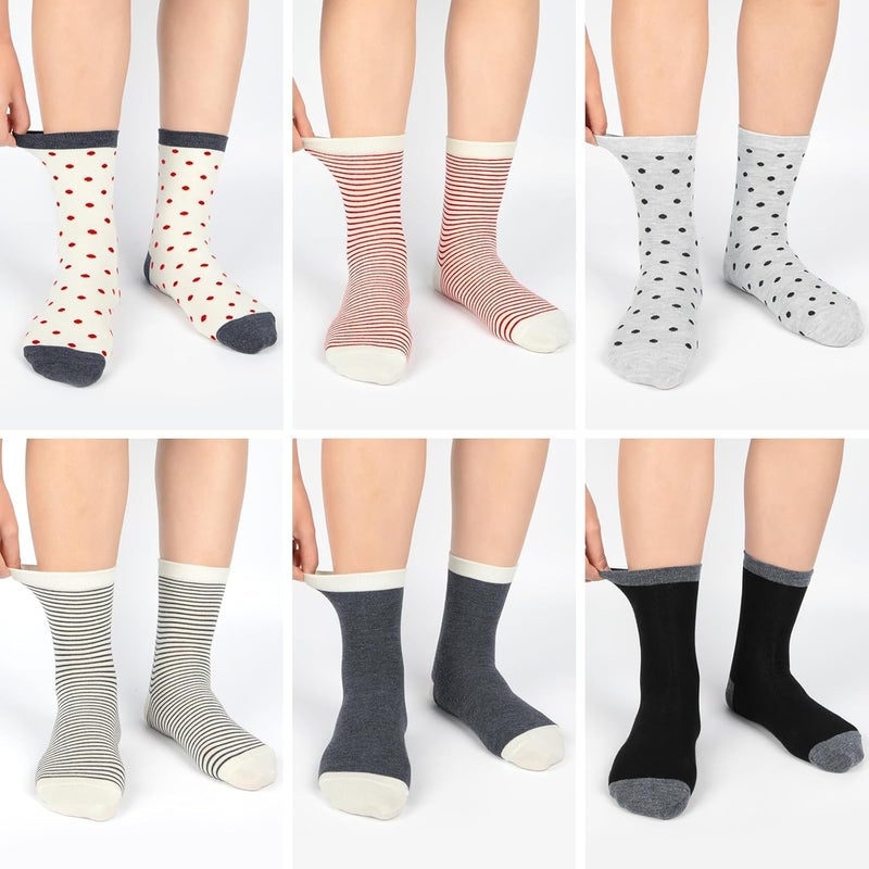 Socksfad Store 6 Pairs Cotton Crew Socks for Women, Breathable Novelty Funny Striped Dot Casual Cute Calf Socks Size 6-12 - Image 4